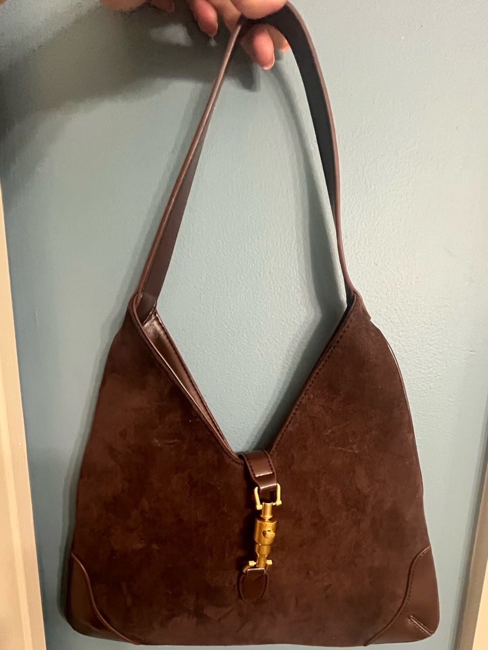 Dark Brown Suede Shoulder Bag with Gold-Tone Hardware - Picture 1 of 4